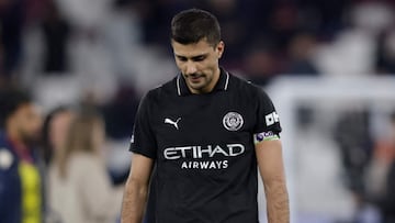Manchester City's Spanish midfielder #16 Rodri reacts on the pitch after the English Premier League football match between West Ham United and Manchester City at the London Stadium, in east London on March 14, 2026. The game finished 1-1. (Photo by Ian Kington / AFP) / RESTRICTED TO EDITORIAL USE. No use with unauthorized audio, video, data, fixture lists, club/league logos or 'live' services. Online in-match use limited to 120 images. An additional 40 images may be used in extra time. No video emulation. Social media in-match use limited to 120 images. An additional 40 images may be used in extra time. No use in betting publications, games or single club/league/player publications. /