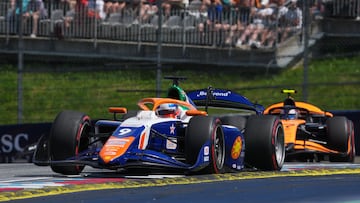 SPIELBERG, AUSTRIA - JUNE 28: Sebastian Montoya of Colombia and PREMA Racing (9) leads Alexander Dunne of Ireland and Rodin Motorsport (17) on track during the Round 7 Spielberg Sprint race of the Formula 2 Championship at Red Bull Ring on June 28, 2025 in Spielberg, Austria. (Photo by Malcolm Griffiths - Formula 1/Formula Motorsport Limited via Getty Images)