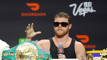 LAS VEGAS, NEVADA - SEPTEMBER 11: Undisputed super middleweight champion Canelo Alvarez responds to a question during a news conference at T-Mobile Arena on September 11, 2025 in Las Vegas, Nevada. Alvarez is scheduled to defend his titles against Terence Crawford on�September 13, 2025, at Allegiant Stadium in Las Vegas. Steve Marcus/Getty Images/AFP (Photo by Steve Marcus / GETTY IMAGES NORTH AMERICA / Getty Images via AFP)