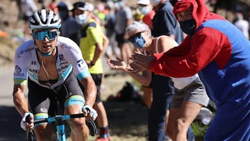 Team Astana rider Kazakhstan&#039;s Alexey Lutsenko rides ahead during the 6th stage of the 107th edition of the Tour de France cycling race, 191 km between Le Teil and Mont Aigoual, on September 3, 2020. (Photo by KENZO TRIBOUILLARD / AFP)