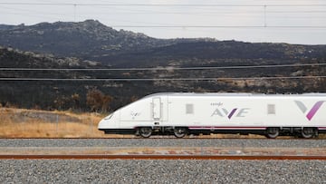 Un tren de la línea AVE Madrid-Galicia a su paso por una zona quemada por los incendios, a 21 de agosto de 2025, en A Gudiña, Ourense, Galicia (España). Los trenes habituales en la línea de alta velocidad Madrid-Galicia circulan desde hoy con normalidad en su horarios programados tras la suspensión durante 6 días del servicio por los incendios. Además de los trenes habituales Renfe ha reforzado la línea con dos trenes especiales.
21 AGOSTO 2025
Carlos Castro / Europa Press
21/08/2025