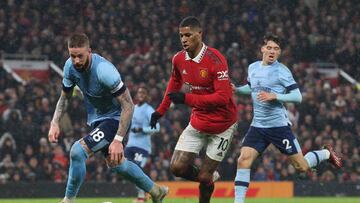 MANCHESTER, ENGLAND - APRIL 05: Marcus Rashford of Manchester United in action with Pontus Jansson of Brentford during the Premier League match between Manchester United and Brentford FC at Old Trafford on April 05, 2023 in Manchester, England. (Photo by Matthew Peters/Manchester United via Getty Images)