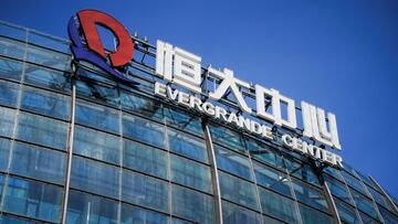 The logo of China Evergrande Group seen on the Evergrande Center in Shanghai, China September 22, 2021.