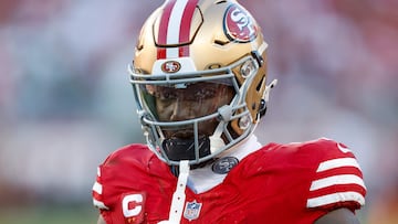 SANTA CLARA, CALIFORNIA - SEPTEMBER 09: Wide receiver Deebo Samuel Sr. #1 of the San Francisco 49ers looks on as they play the New York Jets during the second quarter at Levi's Stadium on September 09, 2024 in Santa Clara, California. Lachlan Cunningham/Getty Images/AFP (Photo by Lachlan Cunningham / GETTY IMAGES NORTH AMERICA / Getty Images via AFP)