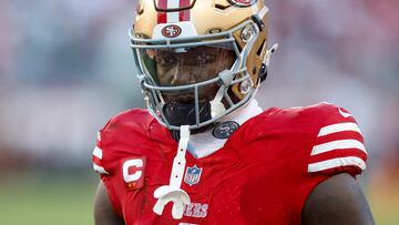 SANTA CLARA, CALIFORNIA - SEPTEMBER 09: Wide receiver Deebo Samuel Sr. #1 of the San Francisco 49ers looks on as they play the New York Jets during the second quarter at Levi's Stadium on September 09, 2024 in Santa Clara, California. Lachlan Cunningham/Getty Images/AFP (Photo by Lachlan Cunningham / GETTY IMAGES NORTH AMERICA / Getty Images via AFP)
