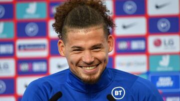 England's midfielder Kalvin Phillips smiles during a press conference at St George's Park in Burton-on-Trent on June 27, 2021 during the UEFA EURO 2020 football competition. (Photo by JUSTIN TALLIS / AFP)