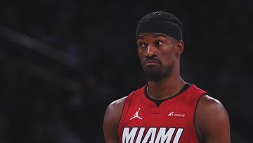 NEW YORK, NEW YORK - JANUARY 27: Jimmy Butler #22 of the Miami Heat reacts against the New York Knicks in the second half at Madison Square Garden on January 27, 2024 in New York City. The Knicks defeated the Heat 125-109. NOTE TO USER: User expressly acknowledges and agrees that, by downloading and or using this photograph, User is consenting to the terms and conditions of the Getty Images License Agreement. (Photo by Mitchell Leff/Getty Images)