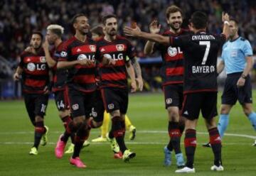 Los rostros de Javier Chicharito Hernández tras marcar su primer gol con el Bayer Leverkusen en Champions