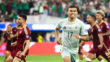 Jun 26, 2024; Inglewood, CA, USA; Mexico midfielder Orbelín Pineda (17) reacts after his penalty kick is saved by Venezuela goalkeeper Rafael Romo (22) (not pictured) during the second half of a match at SoFi Stadium. Mandatory Credit: Jessica Alcheh-USA TODAY Sports