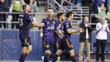 SEATTLE, WASHINGTON - APRIL 06: Jordan Morris #13 of Seattle Sounders celebrates a goal with Albert Rusn�k #11 against New York City FC during the first half during the CONCACAF Champions League Semifinals at Lumen Field on April 06, 2022 in Seattle, Washington. Steph Chambers/Getty Images/AFP
== FOR NEWSPAPERS, INTERNET, TELCOS & TELEVISION USE ONLY ==