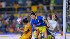 Sandra Stephany Mayor of Tigres and Kiana Palacios of America  during the 14th round match between Tigres UANL and America as part of the Torneo Clausura 2024 Liga MX Femenil at Universitario Stadium, on April 15, 2024 in Monterrey, Nuevo Leon, Mexico.