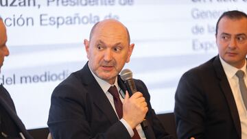 Rabat (Morocco), 19/02/2025.- Rafael Louzan, President of the Royal Spanish Football Federation, delivers his speech during 'World Day 2030: Opportunities for Spanish Companies in Morocco' in Rabat, Morocco, 19 February 2025. (Marruecos, España) EFE/EPA/JALAL MORCHIDI