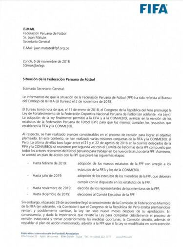 Ultimátum de la FIFA a la Federación peruana de Fútbol