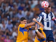Romulo Zanre, Jesus ANgulo of Tigres and Sergio Ramos of Monterrey during the 16th round match between Monterrey and Tigres UANL as part of the Liga BBVA MX, Torneo Apertura 2025 at BBVA Bancomer Stadium, on November 01, 2025 in Monterrey, Nuevo Leon, Mexico.