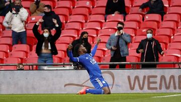 LONDON, ENGLAND - APRIL 18: Kelechi Iheanacho of Leicester City celebrates after scoring his team&#039;s first goal during the Semi Final of the Emirates FA Cup between Leicester City and Southampton FC at Wembley Stadium on April 18, 2021 in London, Engl