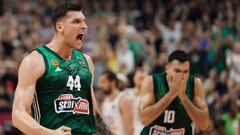 Panathinaikos Athens' Greek forward #44 Konstantinos Mitoglou celebrates scores a 3 pointer during the final Men's Euroleague Final Four basketball match between Real Madrid and Panathinaikos in Berlin, Germany on May 26, 2024. (Photo by Odd ANDERSEN / AFP)