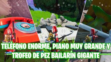 Fortnite Battle Royale - Desafío de la Semana 2 de la Temporada 9: Visita un teléfono enorme, un piano muy grande y un trofeo de pez bailarín gigante