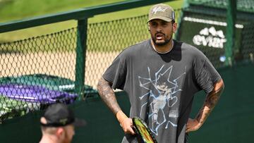 Australia's Nick Kyrgios attends the training session of Serbia's Novak Djokovic, on the Aorangi practice courts on the eleventh day of the 2024 Wimbledon Championships at The All England Lawn Tennis and Croquet Club in Wimbledon, southwest London, on July 11, 2024. (Photo by ANDREJ ISAKOVIC / AFP) / RESTRICTED TO EDITORIAL USE