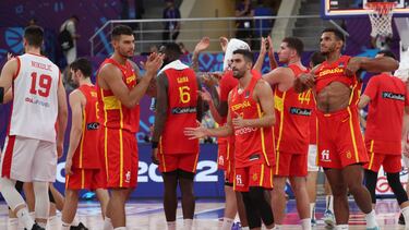 Los jugadores españoles celebran la victoria ante Montenegro que ha dado el pase a los octavos de final del Eurobasket.