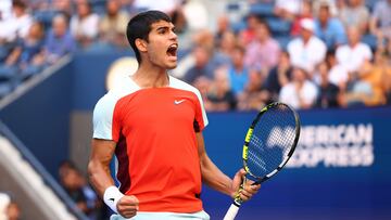 NEW YORK, NEW YORK - SEPTEMBER 01: Carlos Alcaraz of Spain celebrates after defeating Federico Coria of Argentina during their Men's Singles Second Round match on Day Four of the 2022 US Open at USTA Billie Jean King National Tennis Center on September 01, 2022 in the Flushing neighborhood of the Queens borough of New York City. Elsa/Getty Images/AFP
== FOR NEWSPAPERS, INTERNET, TELCOS & TELEVISION USE ONLY ==