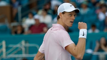 Mar 21, 2026; Miami Gardens, FL, USA; Jannik Sinner (ITA) reacts after winning a point against Damir D?umhur (BIH) (not pictured) on day five of the 2026 Miami Open at Hard Rock Stadium. Mandatory Credit: Geoff Burke-Imagn Images