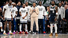 May 26, 2024; Dallas, Texas, USA; Dallas Mavericks guard Kyrie Irving (11) and \the Minnesota Timberwolves bench look on during game three of the western conference finals for the 2024 NBA playoffs at American Airlines Center. Mandatory Credit: Jerome Miron-USA TODAY Sports