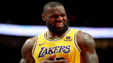 PORTLAND, OREGON - NOVEMBER 17: LeBron James #23 of the Los Angeles Lakers reacts during the second quarter against the Portland Trail Blazers at Moda Center on November 17, 2023 in Portland, Oregon. NOTE TO USER: User expressly acknowledges and agrees that, by downloading and or using this photograph, User is consenting to the terms and conditions of the Getty Images License Agreement.   Steph Chambers/Getty Images/AFP (Photo by Steph Chambers / GETTY IMAGES NORTH AMERICA / Getty Images via AFP)