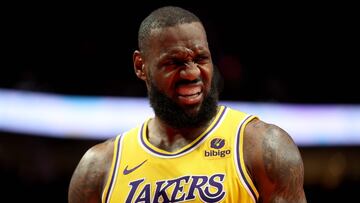PORTLAND, OREGON - NOVEMBER 17: LeBron James #23 of the Los Angeles Lakers reacts during the second quarter against the Portland Trail Blazers at Moda Center on November 17, 2023 in Portland, Oregon. NOTE TO USER: User expressly acknowledges and agrees that, by downloading and or using this photograph, User is consenting to the terms and conditions of the Getty Images License Agreement. Steph Chambers/Getty Images/AFP (Photo by Steph Chambers / GETTY IMAGES NORTH AMERICA / Getty Images via AFP)