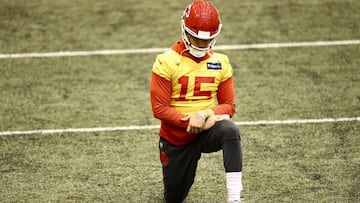 Feb 4, 2021; Kansas City, MO, USA; Kansas City Chiefs quarterback Patrick Mahomes stretches during practice as they prepare for Super Bowl LV against the Tampa Bay Buccaneers. Mandatory Credit: Steve Sanders/Handout Photo via USA TODAY Sports