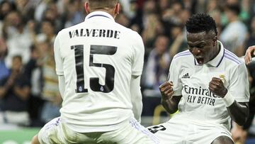 Federico Valverde celebrates a goal with Vinicius Junior of Real Madrid during the UEFA Champions League, Group F, football match played between Real Madrid and RB Leipzig at Santiago Bernabeu on September 14, 2022 in Madrid, Spain.
Irina R.Hipolito / AFP7 / Europa Press
(Foto de ARCHIVO)
14/9/2022 ONLY FOR USE IN SPAIN
PUBLICADA 04/11/22 NA MA06 5COL