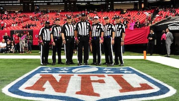 ATLANTA, GA - OCTOBER 23: Members of the NFL Referee crew Michael Banks #72, Greg Meyer #78, Bruce Stritesky #102, Phil McKinnely #110, Head Referee Bill Vinovich #52, Mark Perlman #9, and Gary Cavaletto #60 (L-R) pose for a photograph before the game between Atlanta Falcons and the San Diego Chargers before the game at the Georgia Dome on October 23, 2016 in Atlanta, Georgia.   Scott Cunningham/Getty Images/AFP
 == FOR NEWSPAPERS, INTERNET, TELCOS &amp; TELEVISION USE ONLY ==
