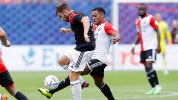 ROTTERDAM, NETHERLANDS - JULY 31: Quinten Timber of Feyenoord, Jon Moncayola of Osasuna during the Club Friendly match between Feyenoord v Osasuna at the Stadium Feijenoord on July 31, 2022 in Rotterdam Netherlands (Photo by Pim Waslander/Soccrates/Getty Images)