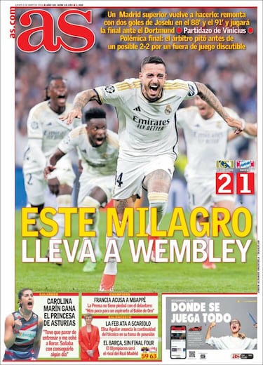 "Milagro y polémica": las portadas de la nueva remontada del Real Madrid en Champions League
