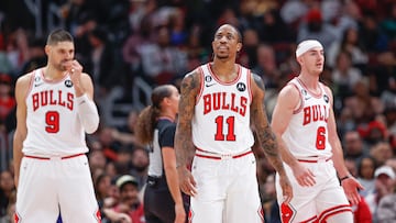 Dec 7, 2022; Chicago, Illinois, USA; Chicago Bulls forward DeMar DeRozan (11) reacts during the first half at United Center. Mandatory Credit: Kamil Krzaczynski-USA TODAY Sports