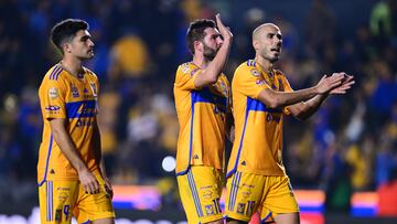 Nicolas Ibanez, Andre-Pierre GIgnac, Guido Pizarro of Tigres  during the Final first leg match between Tigres UANL and Club America as part of Torneo Apertura 2023 Liga BBVA MX, at Universitario Stadium, December 14, 2023, in Monterrey Nuevo Leon, Mexico.