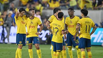 Alan Cervantes, Sebastian Caceres, Alejandro Zendejas, Victor Davila of America during the match between Los Angeles FC and America as part of Play-In prior to 2025 FIFA Club World Cup, at BMO Stadium on May 31, 2025 in Los Angeles, California, United States.