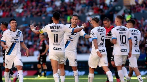 Monterrey's Argentine midfielder Maximiliano Meza (2nd-L) celebrates with teammates after scoring during the Mexican Clausura tournament football match between Atlas and Monterrey at the Jalisco Stadium in Guadalajara, Jalisco State, Mexico, on March 17, 2024. (Photo by ULISES RUIZ / AFP)