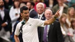 Tennis - Wimbledon - All England Lawn Tennis and Croquet Club, London, Britain - July 8, 2024  Serbia's Novak Djokovic gives a speech after winning his fourth round match against Denmark's Holger Rune REUTERS/Isabel Infantes