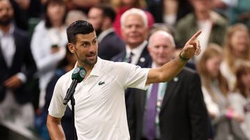 Tennis - Wimbledon - All England Lawn Tennis and Croquet Club, London, Britain - July 8, 2024  Serbia's Novak Djokovic gives a speech after winning his fourth round match against Denmark's Holger Rune REUTERS/Isabel Infantes