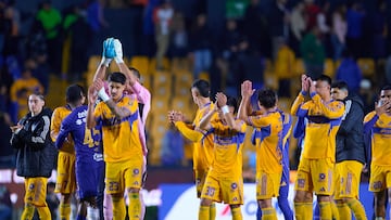Romilo Zanre, Juan Brunetta, Diego Sanchez, Diego Lainez, Edgar Lopez of Tigres during the 2nd round match between Tigres UANL and Pumas UNAM as part of the Liga BBVA MX, Torneo Clausura 2026 at Universitario Stadium, on January 14, 2026 in Monterrey, Nuevo Leon, Mexico.