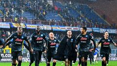 GENOA, ITALY - JANUARY 8: Victor Osimhen of Napoli (L) celebrates with his team-mates after the Serie A match between UC Sampdoria and SSC Napoli at Stadio Luigi Ferraris on January 8, 2023 in Genoa, Italy. (Photo by Simone Arveda/Getty Images)