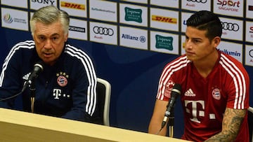 Carlo Ancelotti y James Rodr&iacute;guez, t&eacute;cnico y jugador del Bayern M&uacute;nich