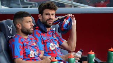 Gerard Pique and Jordi Alba during the match between FC Barcelona and Real Valladolid CF, corresponding to the week 3 of the Liga Santander, played at the Spotify Camp Nou, in Barcelona, on 29th August 2022.
-- (Photo by Urbanandsport/NurPhoto via Getty Images)
