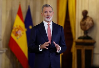 Spain's King Felipe VI delivers his traditional Christmas address at the Royal Palace in Madrid, Spain, December 24, 2025. Ballesteros/Pool via REUTERS