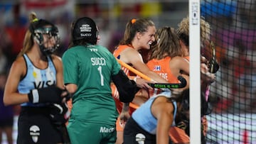 Netherlands players celebrating the opening goal during the FIH Womens World Cup Final match between Netherlands and Argentina played at Estadi Olimpic de Terrassa on July 17, 2022 in Terrasa, Barcelona, Spain. (Photo by Bagu Blanco / Pressinphoto / Icon Sport)