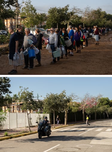 Imagen superior: La gente hace fila para recoger agua de una tubería rota después de que las inundaciones en el municipio de Picanya. Imagen inferior: La misma zona en la actualidad. 