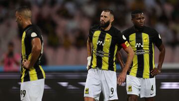 Ittihad's French forward #09 Karim Benzema gestures during the Saudi Pro League football match between Al-Ittihaq and Al-Wehda at King Abdul Aziz Stadium in Mecca, on August 28, 2023. (Photo by Abdel Ghani BASHIR / AFP)