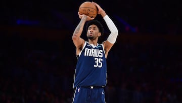 Jan 12, 2023; Los Angeles, California, USA; Dallas Mavericks forward Christian Wood (35) shoots against the Los Angeles Lakers during the first half at Crypto.com Arena. Mandatory Credit: Gary A. Vasquez-USA TODAY Sports