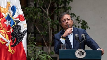 SANTIAGO, CHILE - JANUARY 9: Colombian President Gustavo Petro gives a speech at a press conference at the La Moneda Presidential Palace in Santiago, Chile on January 9, 2023. Colombian President Gustavo Petro arrives for a state visit to discuss the recent demonstrations in Brazil and the bilateral relations between Chile and Colombia. (Photo by Lucas Aguayo Araos/Anadolu Agency via Getty Images)