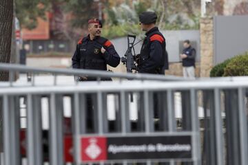 Mossos d'Esquadra, the Catalonia regional police force, keeping a watchful eye as the Barça team bus makes its way to the hotel.